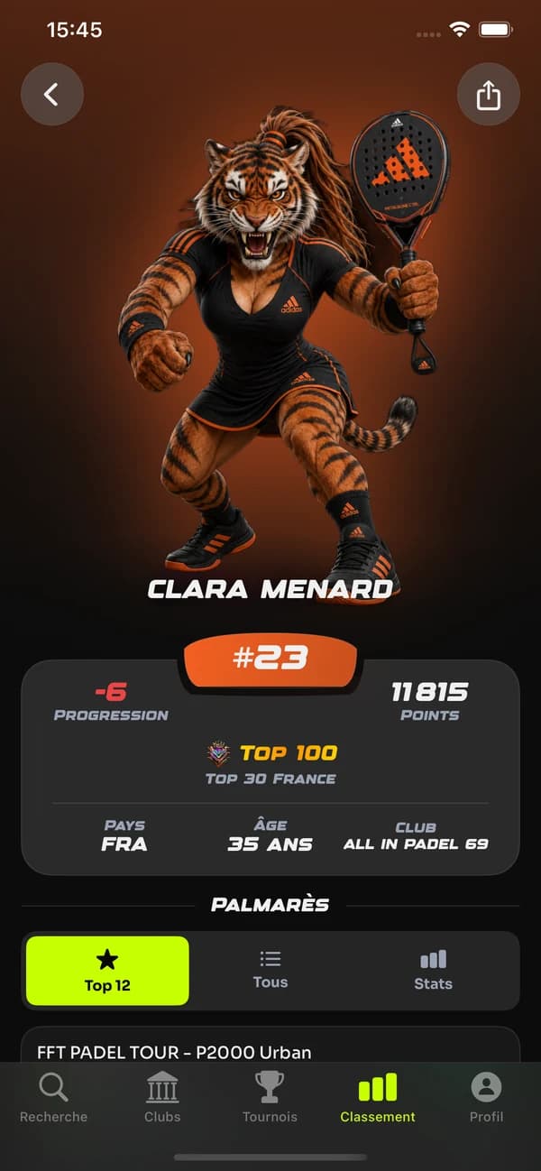 L'application TrouveTonPadel affichant la fiche classement d'une joueuse
